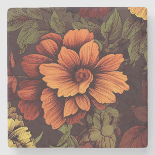 Rust Colour Vintage Floral Print Stone Coaster