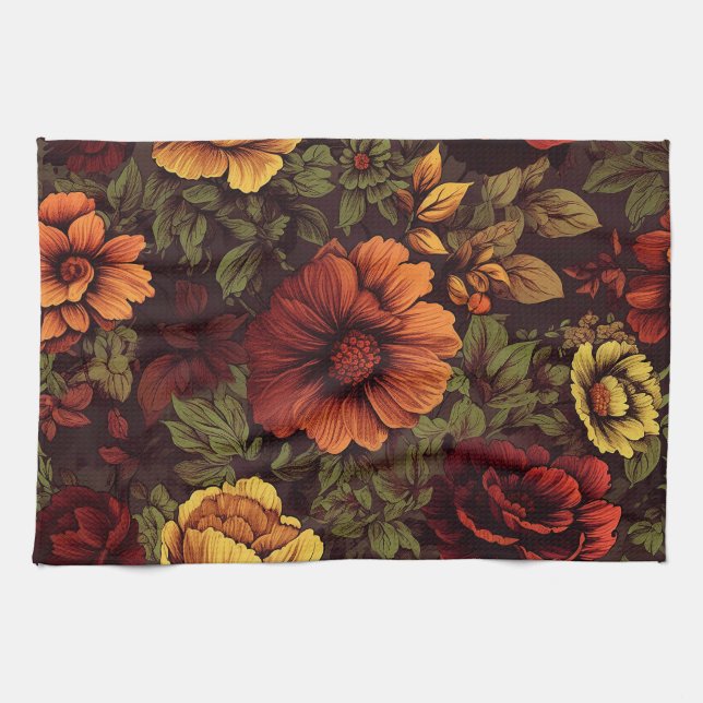 Rust Colour Vintage Floral Print Tea Towel (Horizontal)