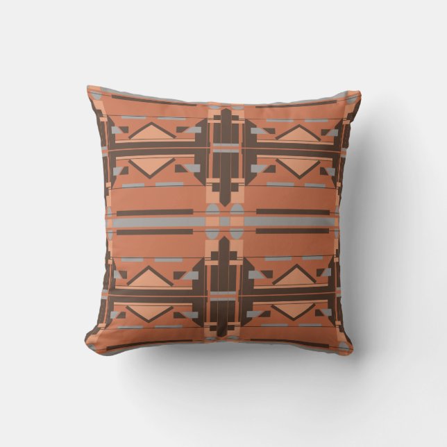 Rust Coral Grey Brown Symmetrical Tile-like Design Cushion (Front)