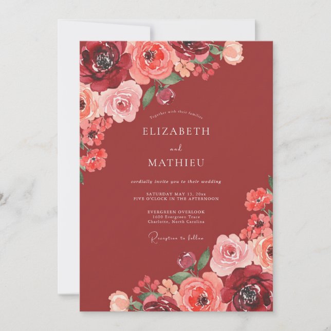 Rust Coral Rose Wedding Invitation (Front)