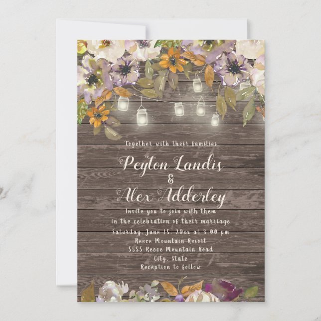 Rust Cream Floral Wood String Lights Wedding Invitation (Front)