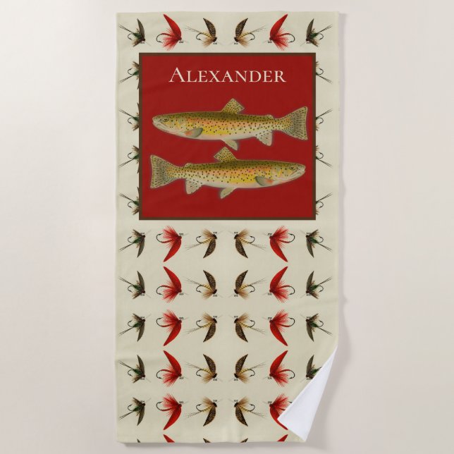 Rust Custom Fly Fishing Flies Trout Rustic Beach Towel (Front)