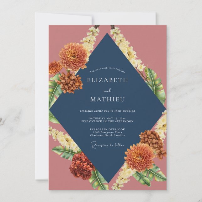Rust Deep Navy Dahlia Wedding Invitation (Front)