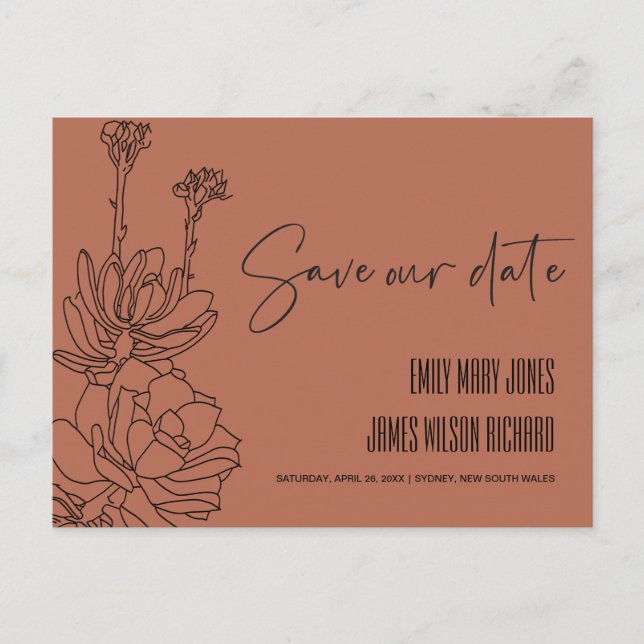 RUST DESERT CACTI SUCCULENT SKETCH SAVE THE DATE ANNOUNCEMENT POSTCARD (Front)