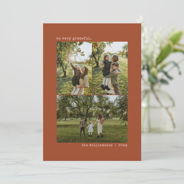 Rust Fall Grateful Thanksgiving Photo Collage Holiday Card (Standing Front)