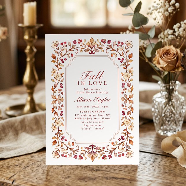 Rust Fall In Love Botanical Floral Bridal Shower  Invitation (Rust Fall In Love Botanical Floral Bridal Shower Invitation)