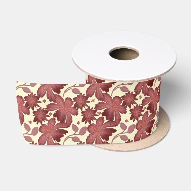 Rust Floral Leaf Pattern | Terracotta Botanical  Satin Ribbon (Spool)
