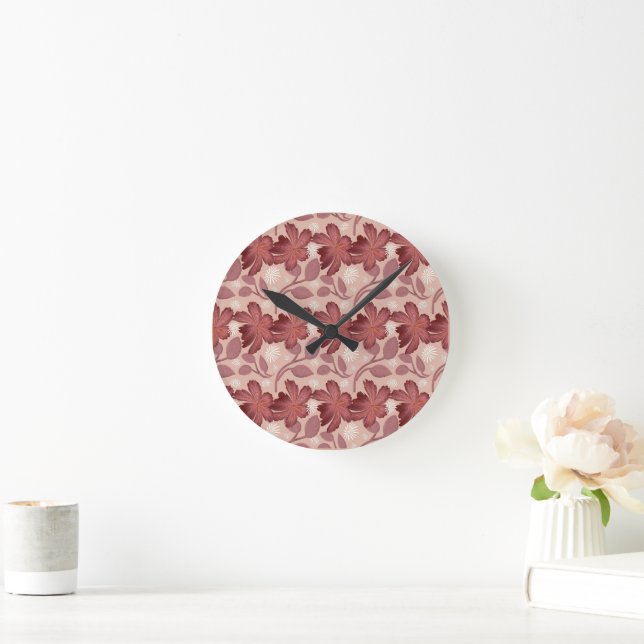 Rust Floral Seamless Pattern Large Flowers Minimal Round Clock (Home)