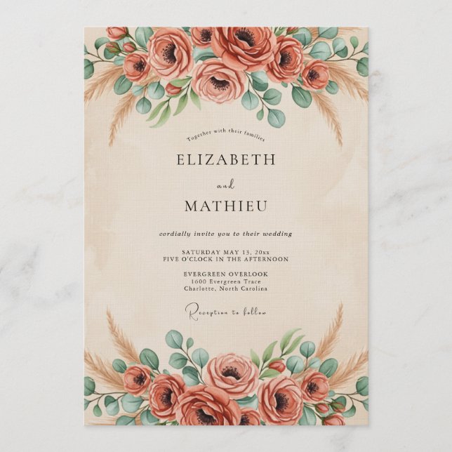 Rust Floral Whimsy Wedding Invitation (Front)