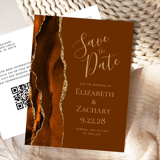 Rust Gold Agate Brown QR Code Save the Date Announcement Postcard (Creator Uploaded)