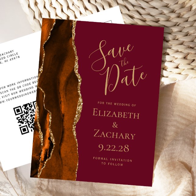 Rust Gold Agate Burgundy QR Code Save the Date Announcement Postcard (Creator Uploaded)