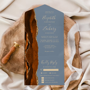 Rust Gold Agate Dusty Blue Meal Options Wedding All In One Invitation