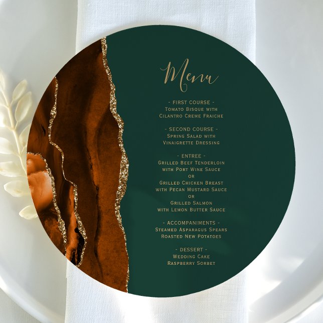Rust Gold Agate Green Round Plate Wedding Menu (Creator Uploaded)