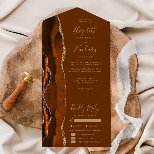 Rust Gold Agate Nutmeg Brown Meal Options Wedding All In One Invitation
