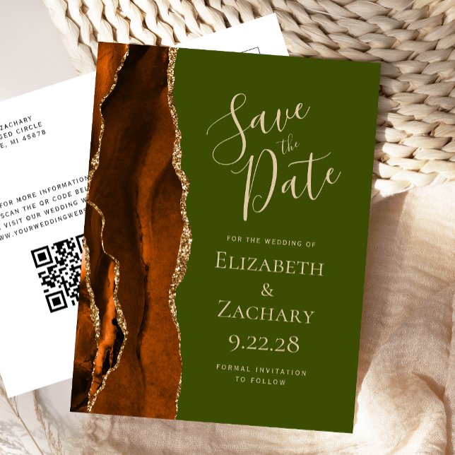 Rust Gold Agate Olive Green QR Code Save the Date Announcement Postcard (Creator Uploaded)