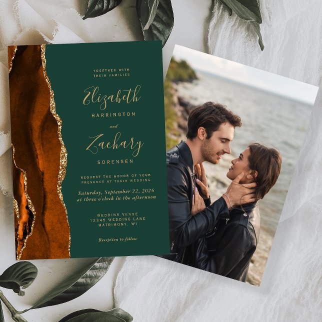 Rust Gold Agate Photo Dark Green Wedding Invitation (Creator Uploaded)