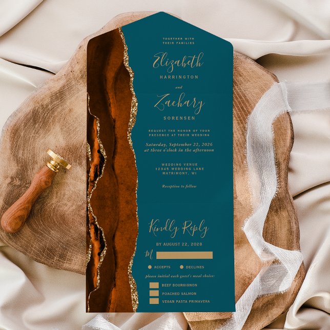 Rust Gold Agate Teal Blue Meal Options Wedding All In One Invitation (Creator Uploaded)