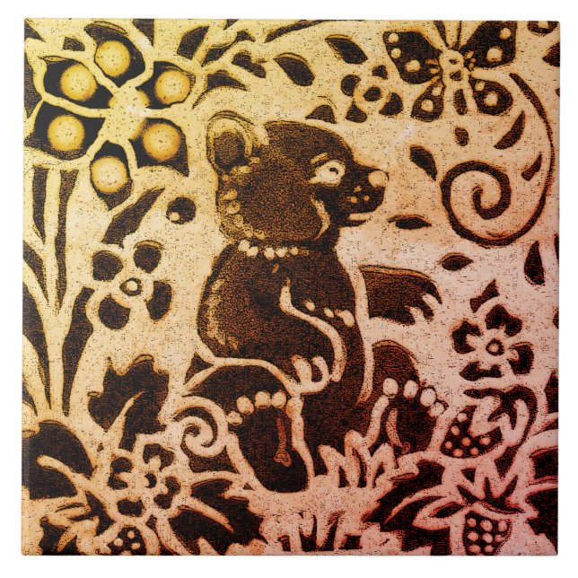 Rust Gold Brown Bear Floral Autumn Leaves Batik Tile (Front)