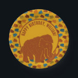 Rust & Gold Cartoon Woolly Mammoth Personalised Paper Plate<br><div class="desc">Add a prehistoric touch to any party with these personalised paper plates. They feature a cartoon style illustration of a woolly mammoth in rust red set against a gold coloured background with your own message in coordinating lettering above. A colourful border of woolly mammoths adds a fun and festive touch....</div>