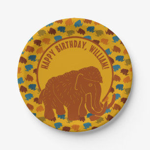 Rust & Gold Cartoon Woolly Mammoth Personalised Paper Plate