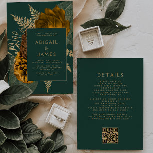 Rust Gold Floral Emerald Green QR Code Wedding Invitation