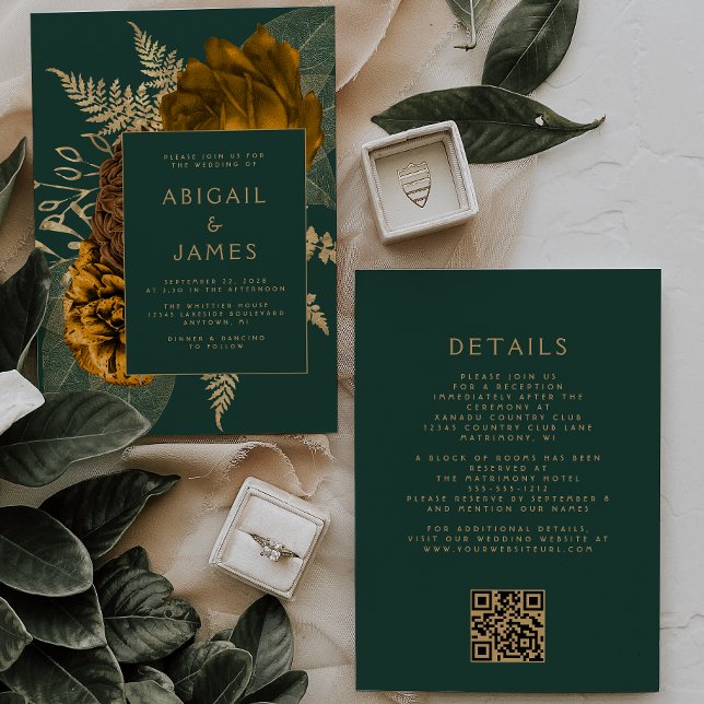 Rust Gold Floral Emerald Green QR Code Wedding Invitation (Creator Uploaded)