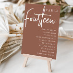 Rust Hand Scripted Table FOURTEEN   Guest Names Table Number<br><div class="desc">Simple and chic table number cards in earth tone rust brown and white make an elegant statement at your wedding or event. Design features "table [number]" in an eyecatching mix of classic serif and handwritten script lettering, with individual guest names beneath. Design repeats on both sides. Individually numbered cards sold...</div>