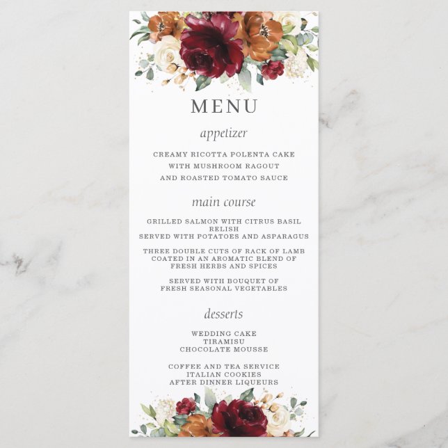 Rust Ivory Burgundy Floral Wedding Menu (Front)
