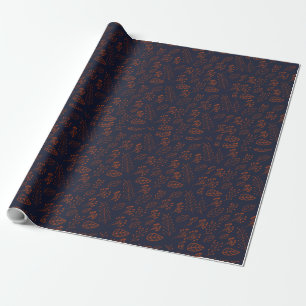 Rust leaves and branches on dark blue B Wrapping Paper