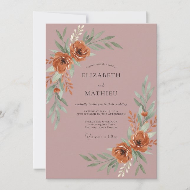 Rust Mauve Ranunculus Eucalyptus Wedding Invitation (Front)