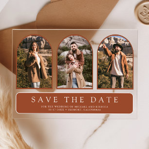 Rust Minimal Arch 3 Photo Wedding Save the Date Acrylic Invitations