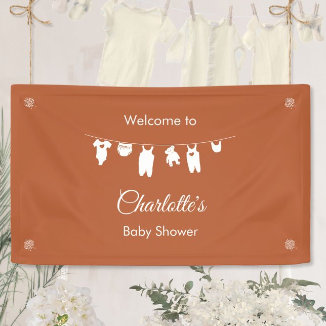 Rust Minimalist Gender Neutral Baby Shower Banner (Rust Boho Clothesline Baby Shower Welcome Sign ©Susanne Sachers - Sunny Mind 🌞)
