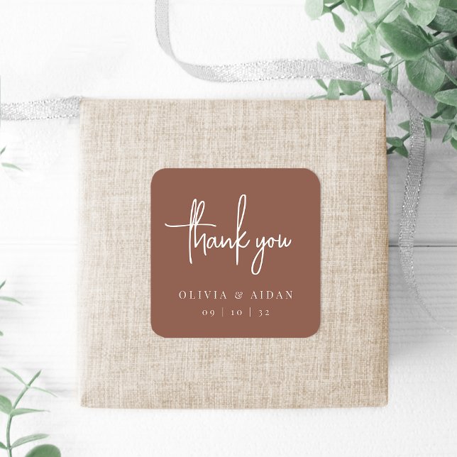 Rust | Modern Handwritten Script Wedding Thank You Square Sticker (Creator Uploaded)