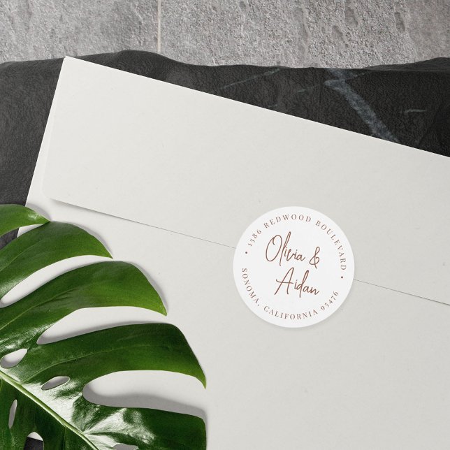 Rust | Modern Handwritten Wedding Return Address Classic Round Sticker (Creator Uploaded)