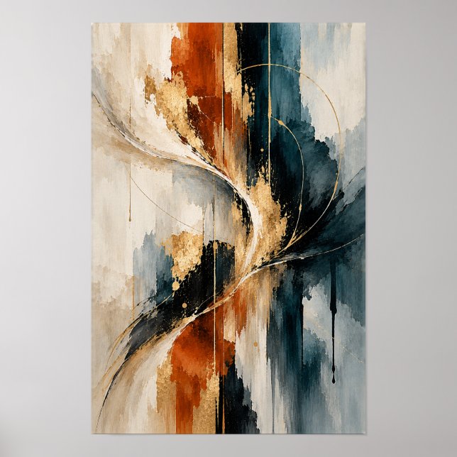 Rust Navy Gold Flowing Abstract Wall Art (Front)