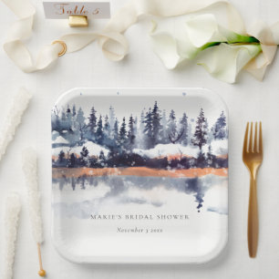Rust Navy Winter Pine Forest Snow Bridal Shower Paper Plate