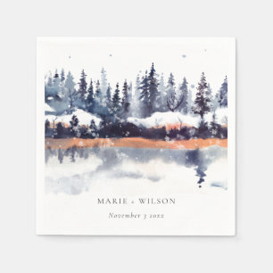 Rust Navy Winter Pine Forest Snow Wedding Napkin