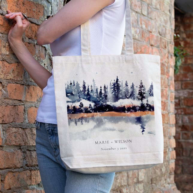 Rust Navy Winter Pine Forest Snow Wedding Tote Bag (Creator Uploaded)