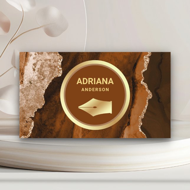 Rust Orange Agate Lawyer Attorney Gold Pen Nib Business Card (Creator Uploaded)