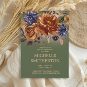 Rust Orange Blue Floral Green 90th Birthday Invita Invitation