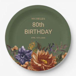 Rust Orange Blue Floral Green Birthday Paper Plate