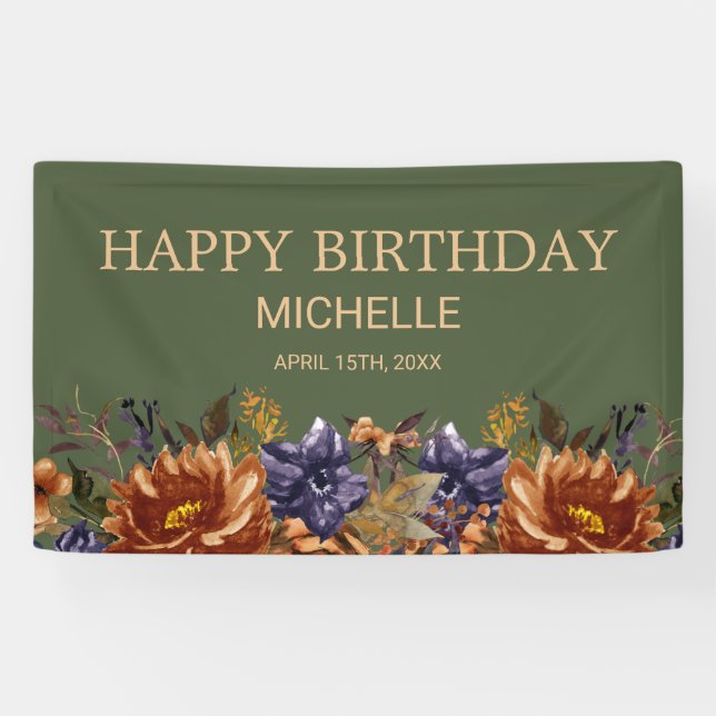 Rust Orange Blue Floral Green Birthday Welcome  Banner (Horizontal)