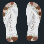 Rust Orange Boho Chic Floral Maid of Honour Weddin Jandals<br><div class="desc">These beautiful wedding flip flops are a great way to thank and recognise your Maid of Honour while saving her feet at the same time. Features an elegant boho chic design with hand painted watercolor roses in shades of rust orange and coral peach, along with burnt umber coloured script lettering....</div>