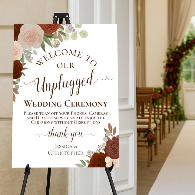 Rust Orange Boho Floral Unplugged Wedding Ceremony Poster (Creator Uploaded)