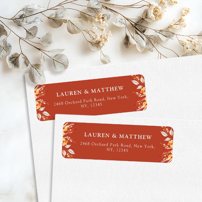 Rust Orange Boho Floral Wedding Return Address (Bold and vibrant to make your envelopes pop.)