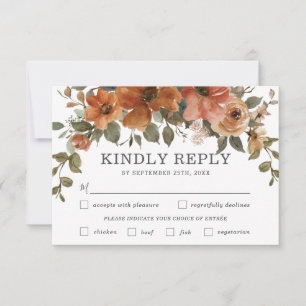 Rust Orange Copper Floral Fall Wedding Meal Choice RSVP Card