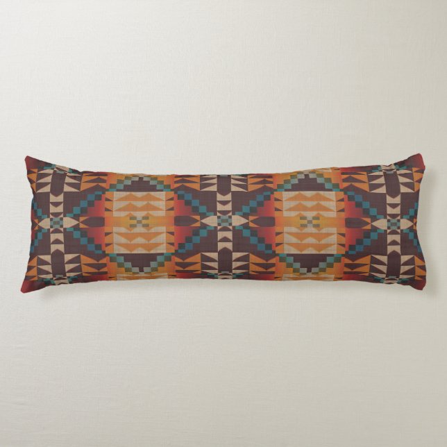 Rust Orange Dark Red Brown Teal Blue Tribal Art Body Cushion (Front)