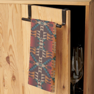 Rust Orange Dark Red Brown Teal Blue Tribal Art Tea Towel