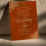 Rust Orange Elegant Gold Curls Calligraphy Wedding Invitation<br><div class="desc">This beautiful wedding invitation features lacy gold script calligraphy and ornate golden faux foil curls and swirls on a marbled rust orange or burnt umber coloured background. Fancy,  elegant,  stylish and classy,  the lush and glamourous feel of this invite is sure to impress your wedding guests.</div>