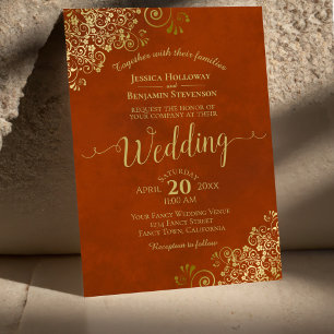 Rust Orange Elegant Gold Curls Calligraphy Wedding Invitation